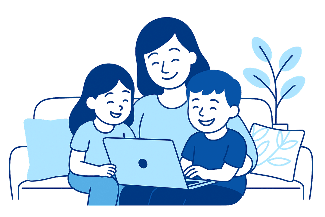 Mãe com filhos usando tecnologia